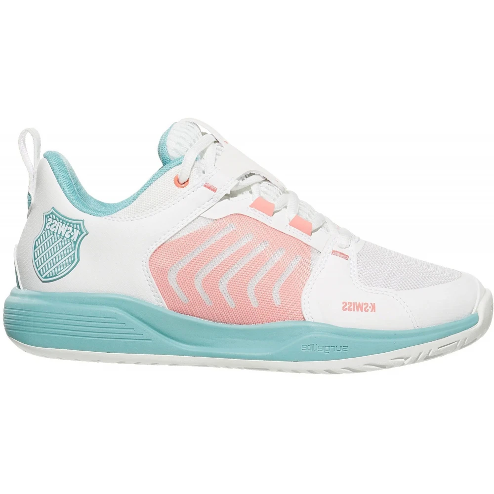 K-Swiss Women’s Ultrashot Team Tennis Shoes (Blanc De Blanc/Nile Blue/Desert Flower)