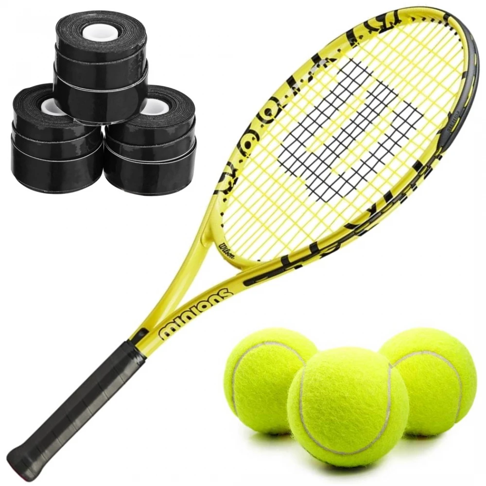 Wilson Minions Kids’ Tennis Racquet Bundled With 3 Black Overgrips And A Can Of Tennis Balls