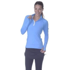 BloqUV Women’s Sun Protective Mock Zip Long Sleeve Athletic Top (Ocean Blue)